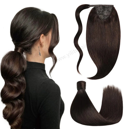 Back View of Model Showcasing (#2) Darkest Brown Wrap Around Ponytail Extension