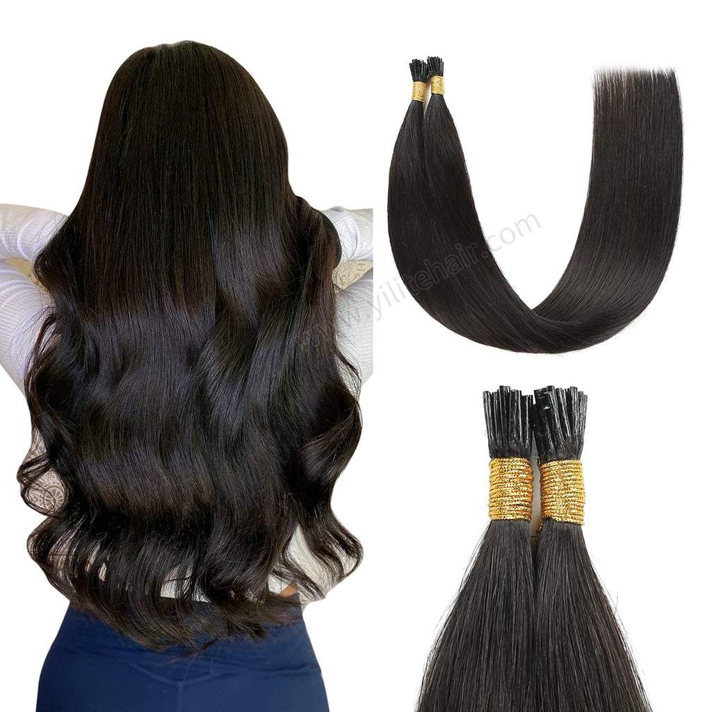 Back View of Model Wearing (#1B) Natural Black I Tip Extensions