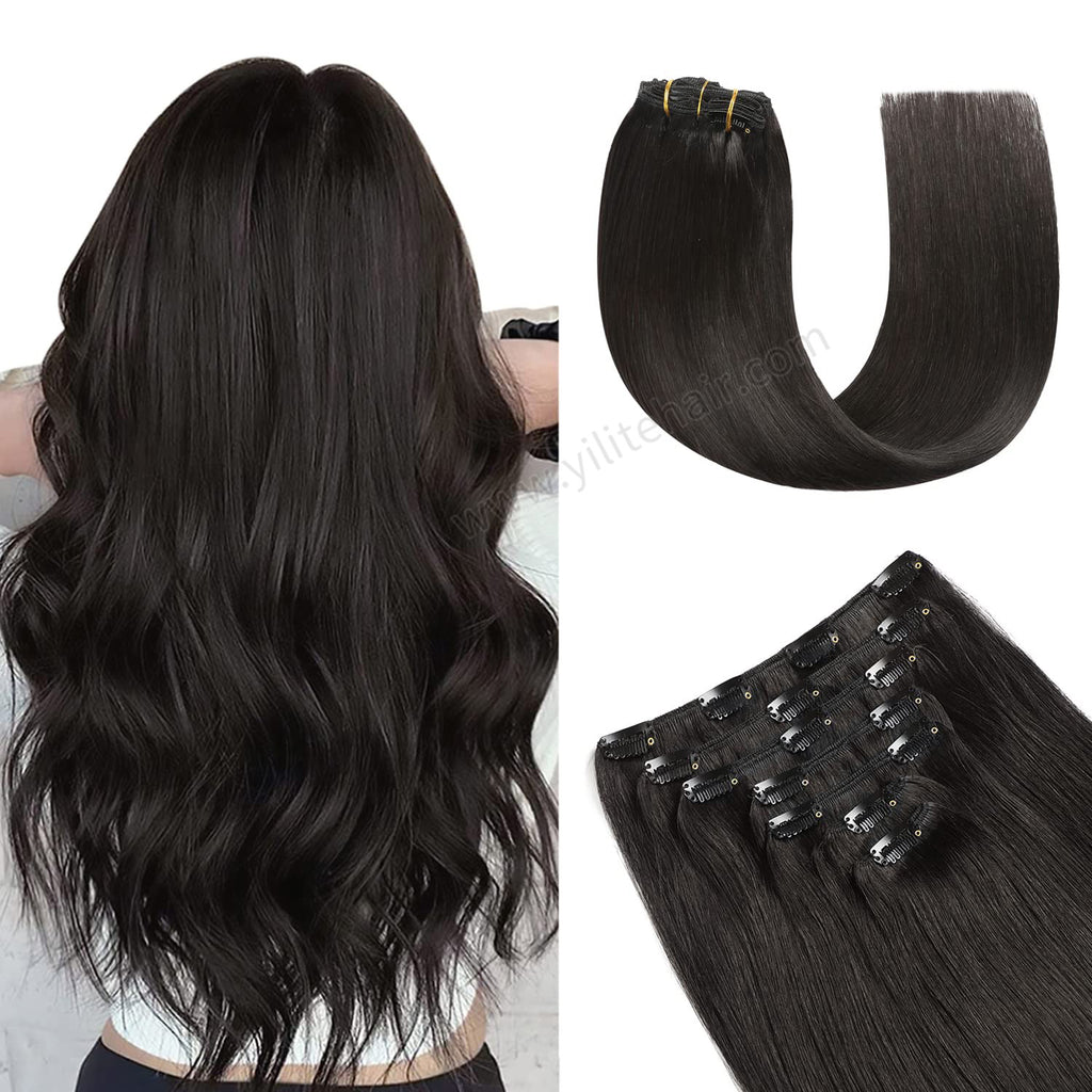Back View of Model Wearing (#1B) Natural Black Classic Clip Ins