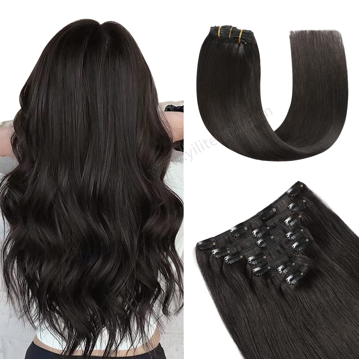 Back View of Model Wearing (#1B) Natural Black Classic Clip Ins