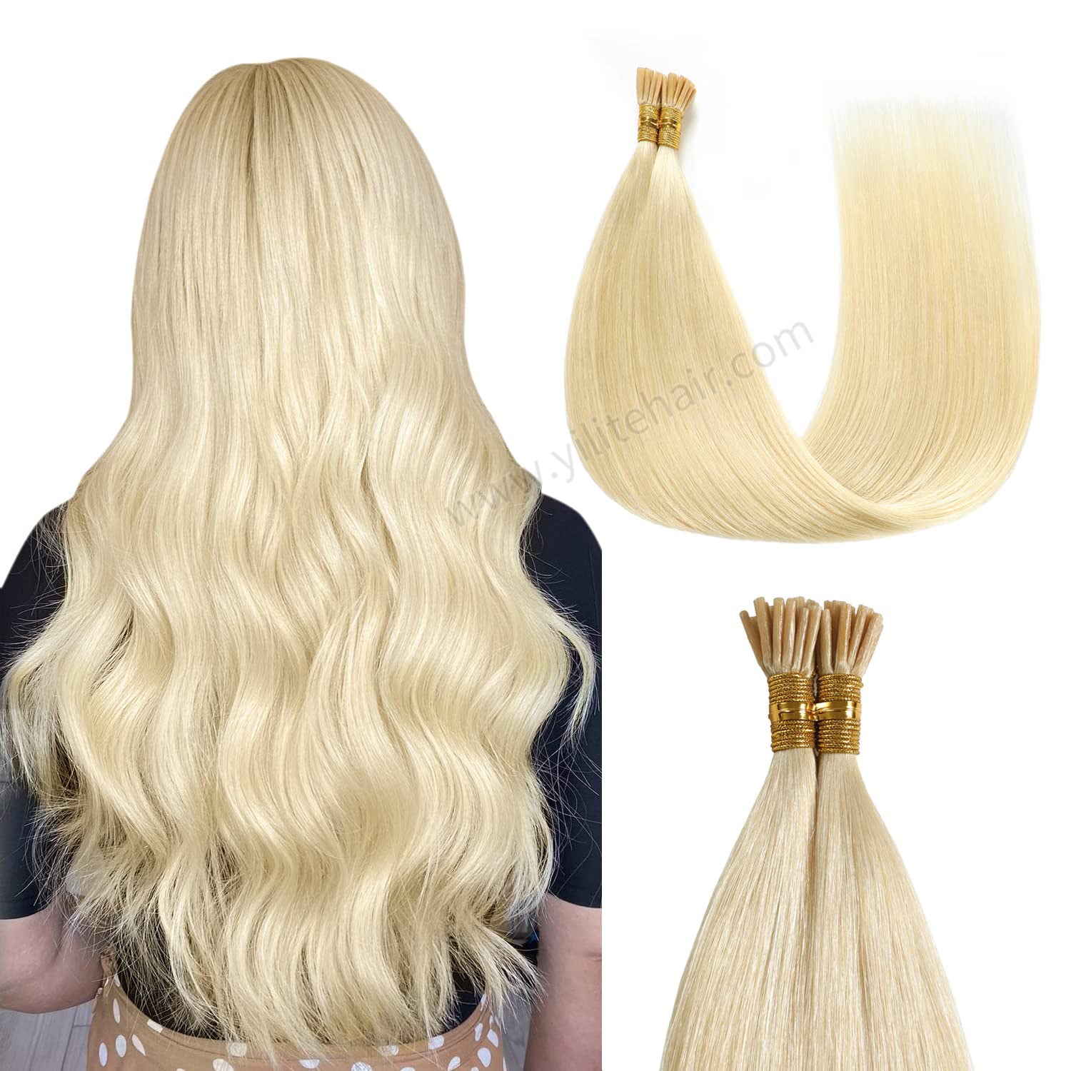 Back View of Model Wearing (#60) Platinum Blonde I Tip Extensions