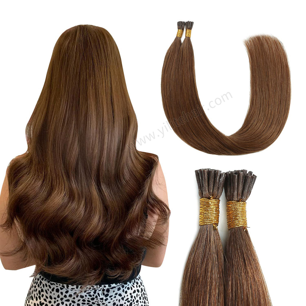 Back View of Model Wearing (#6) Chestnut Brown I Tip Extensions