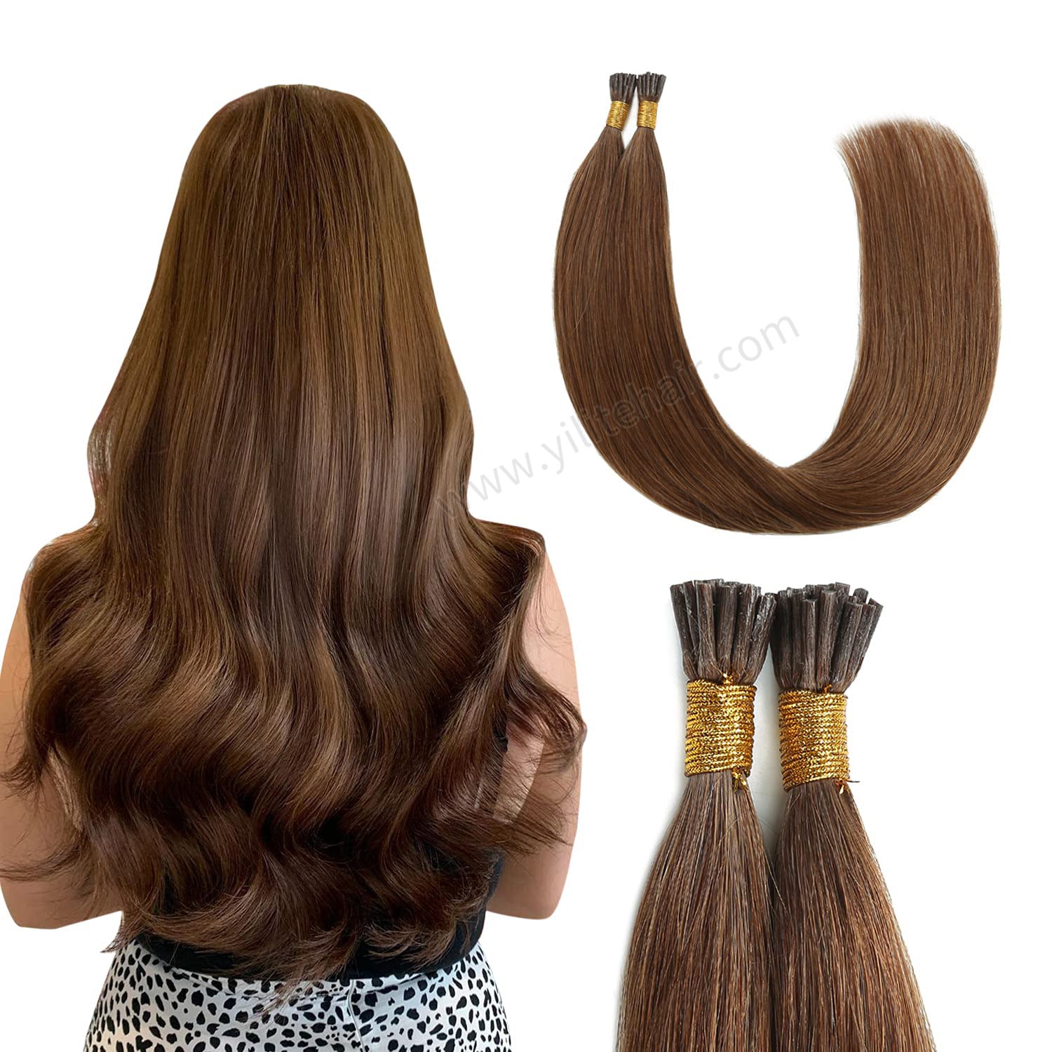 Back View of Model Wearing (#6) Chestnut Brown I Tip Extensions