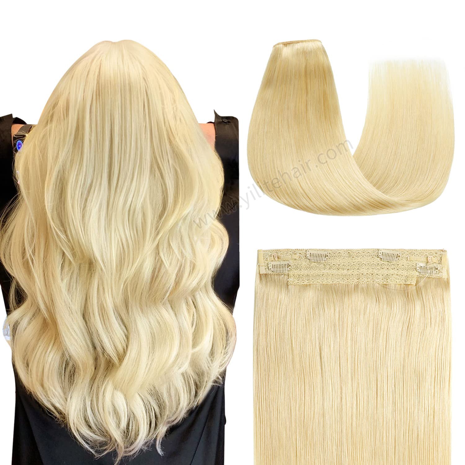 Back View of The Model Showing (#613) Bleach Blonde Wire Extensions 