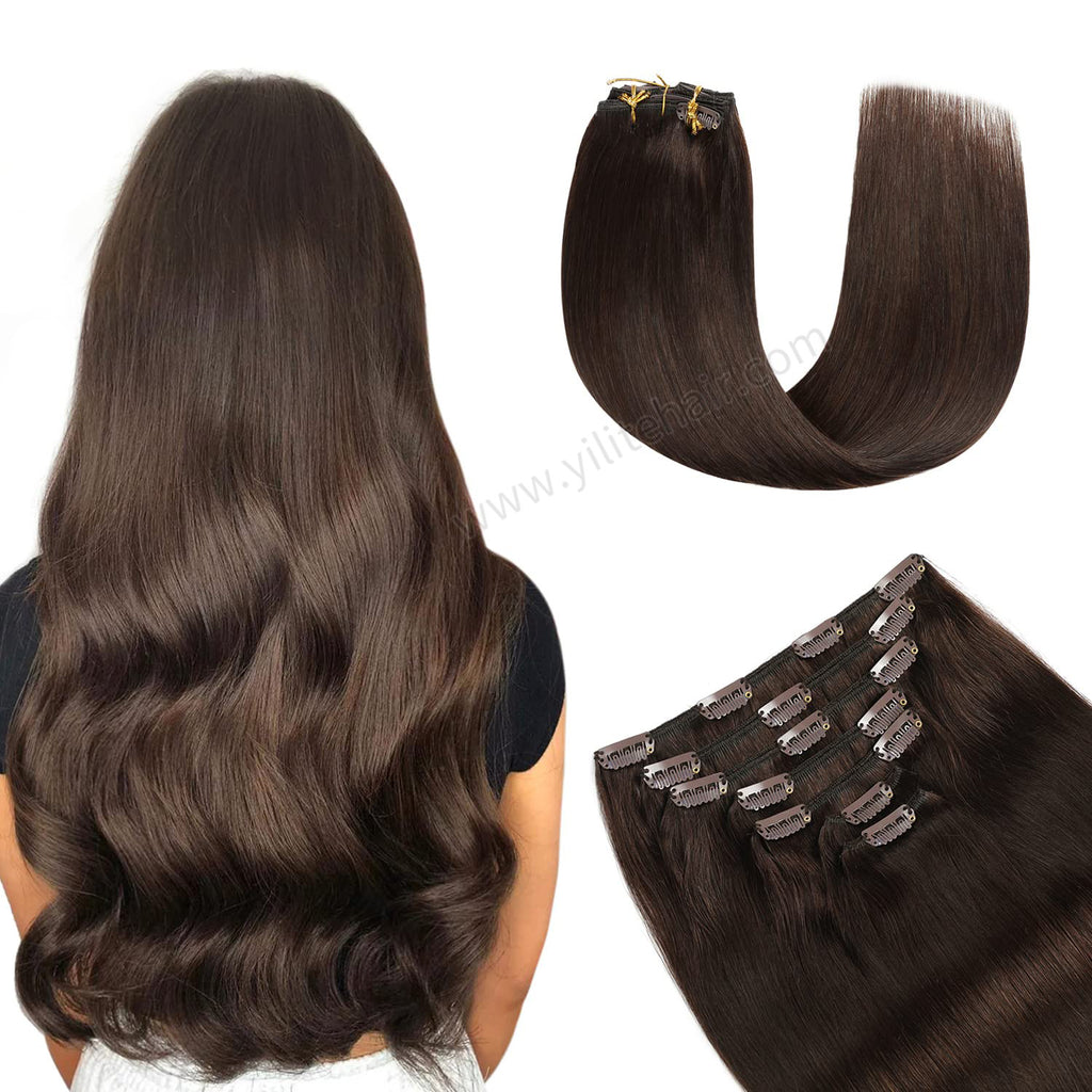 Back View of Model Wearing (#2) Darkest Brown Classic Clip Ins