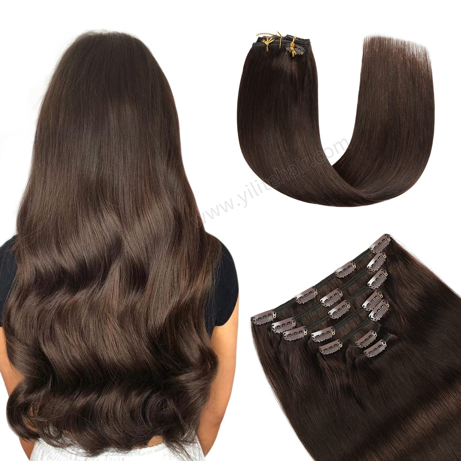 Back View of Model Wearing (#2) Darkest Brown Classic Clip Ins