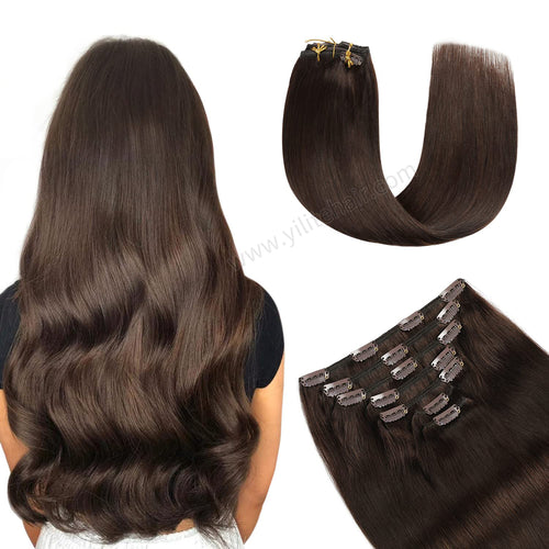 Back View of Model Wearing (#2) Darkest Brown Classic Clip Ins