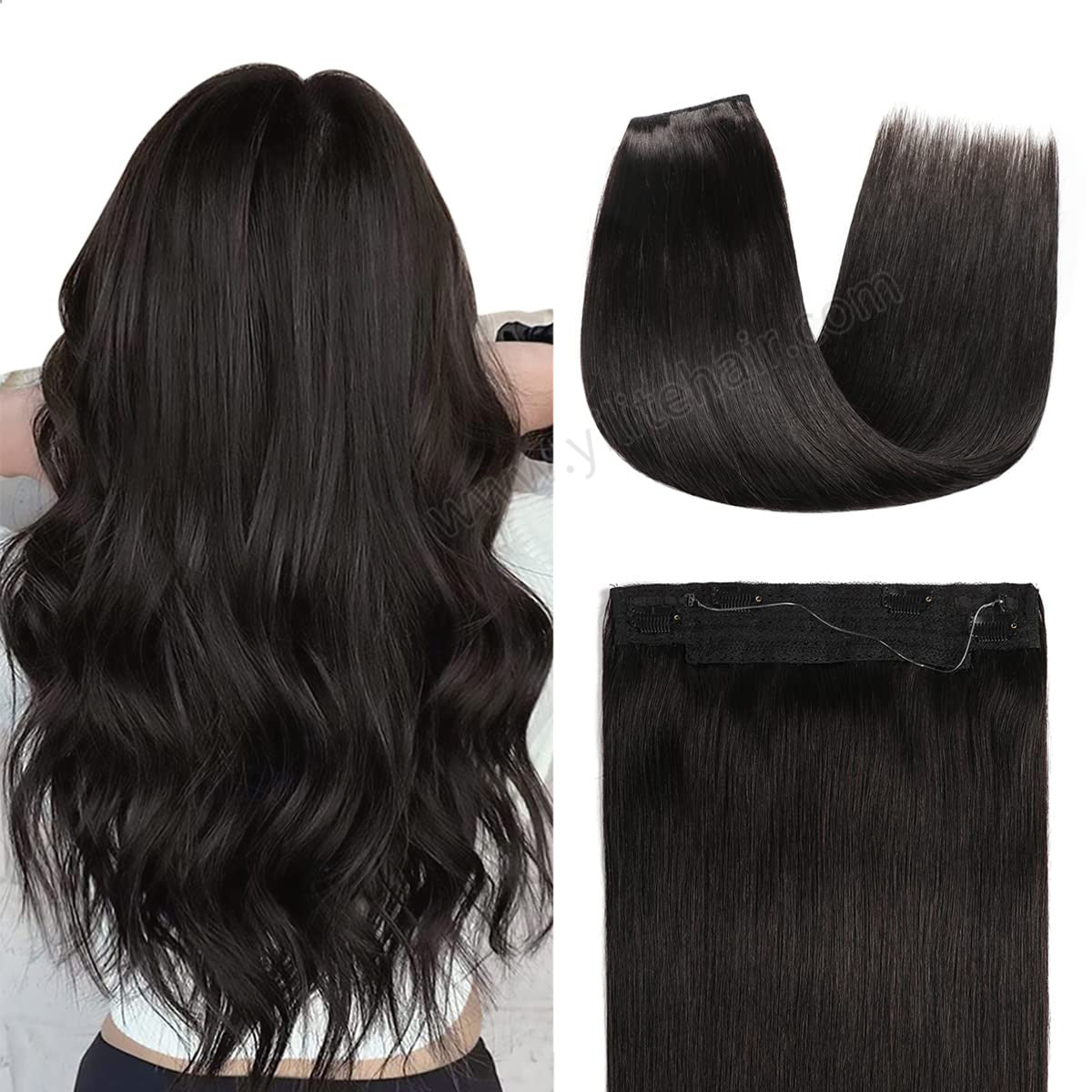 Back View of The Model Showing (#1B) Natural Black Wire Extensions