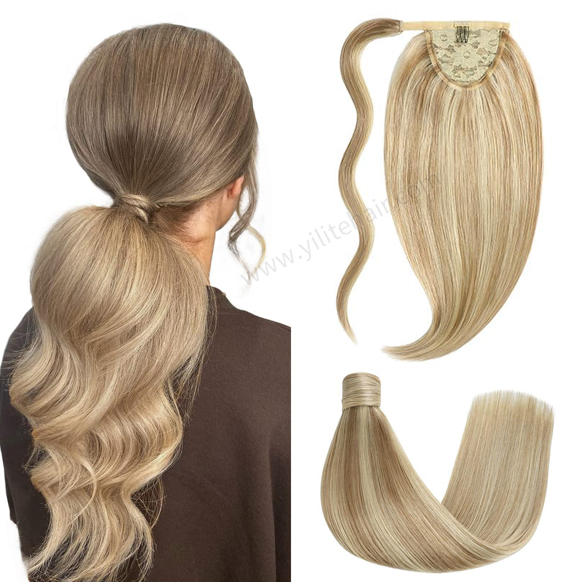 Back View of Model Showcasing (#P18/613) Ash Blonde Highlights Wrap Around Ponytail Extension