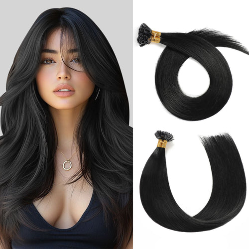Model Wearing (#1) Jet Black U Tip Hair Extensions