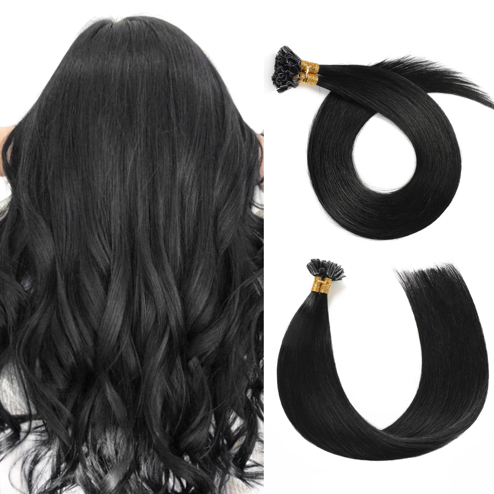 Back View of Model Wearing (#1) Jet Black U Tip Hair Extensions 