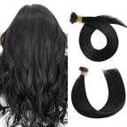 Back View of Model Wearing (#1) Jet Black U Tip Hair Extensions 