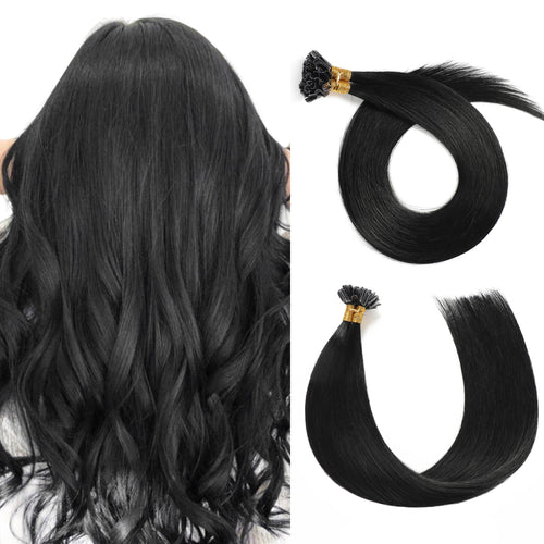 Back View of Model Wearing (#1) Jet Black U Tip Hair Extensions 