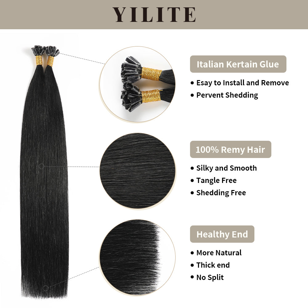 (#1) Jet Black U Tip Hair Extensions with Italian Keratin Glue, 100% Virgin Hair, Healthy Ends