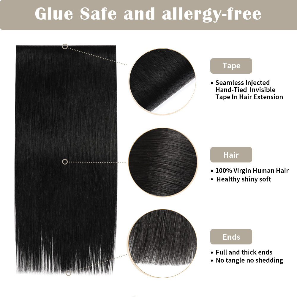 Details of (#1) Jet Black Tape Weft Hair Extensions: Seamless Tape, Virgin Hair, Thick Ends