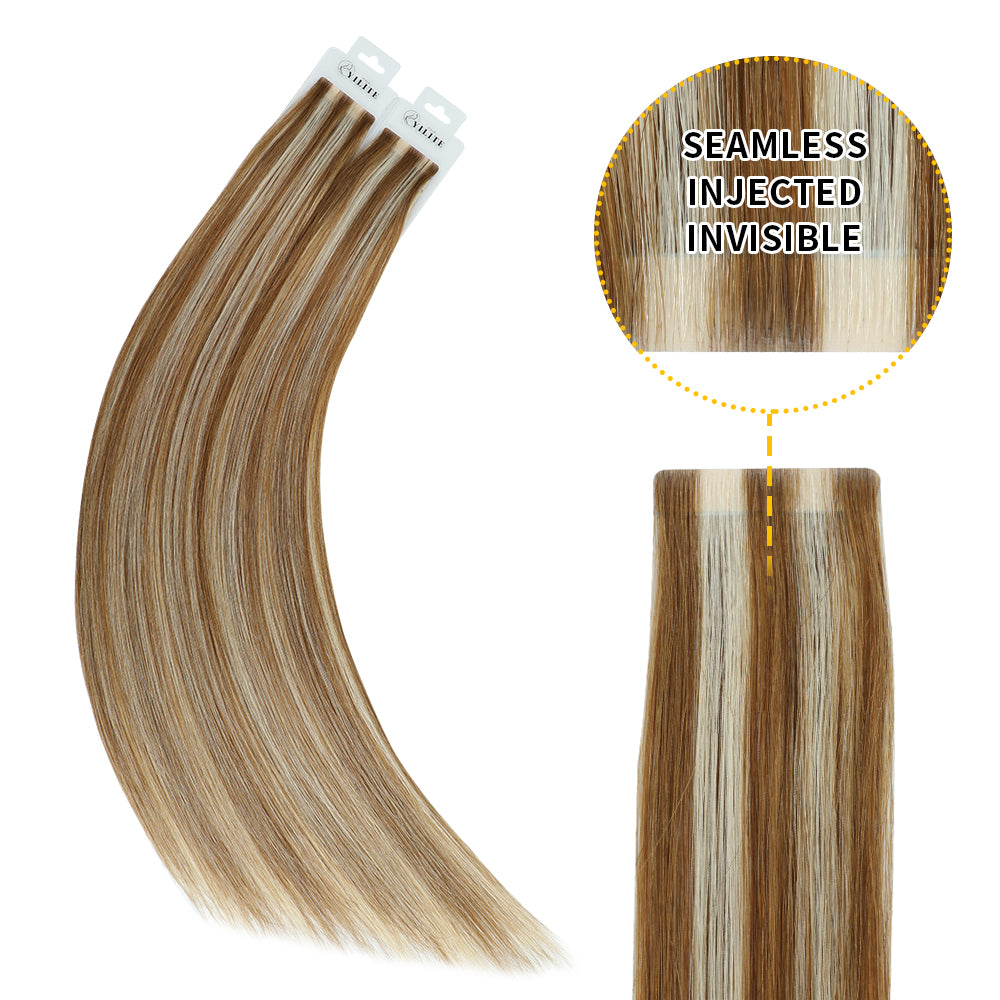 YiliteVip (#P8/60) Light Brown with Blonde Balayage Invisible Tape In Extensions 20Pcs