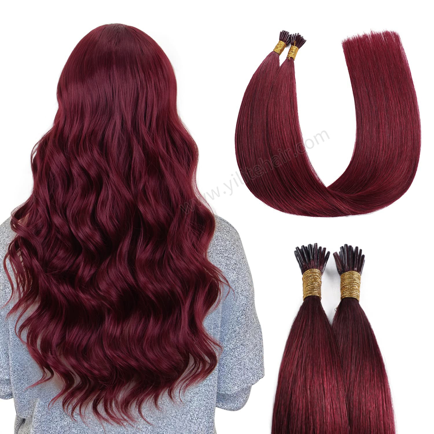 Back View of Model Wearing (#99J) Burgundy I Tip Extensions