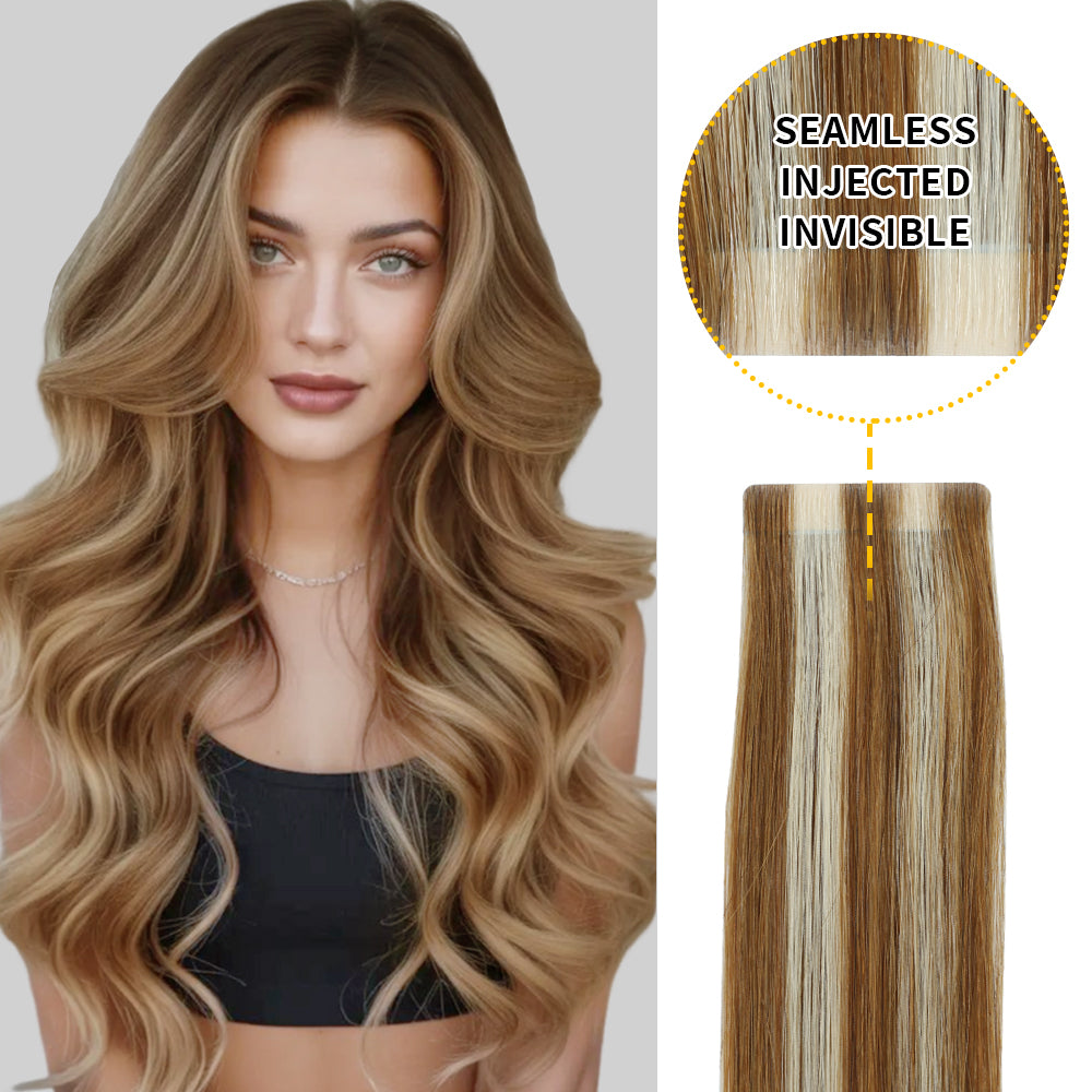 YiliteVip (#P8/60) Light Brown with Blonde Balayage Invisible Tape In Extensions 20Pcs