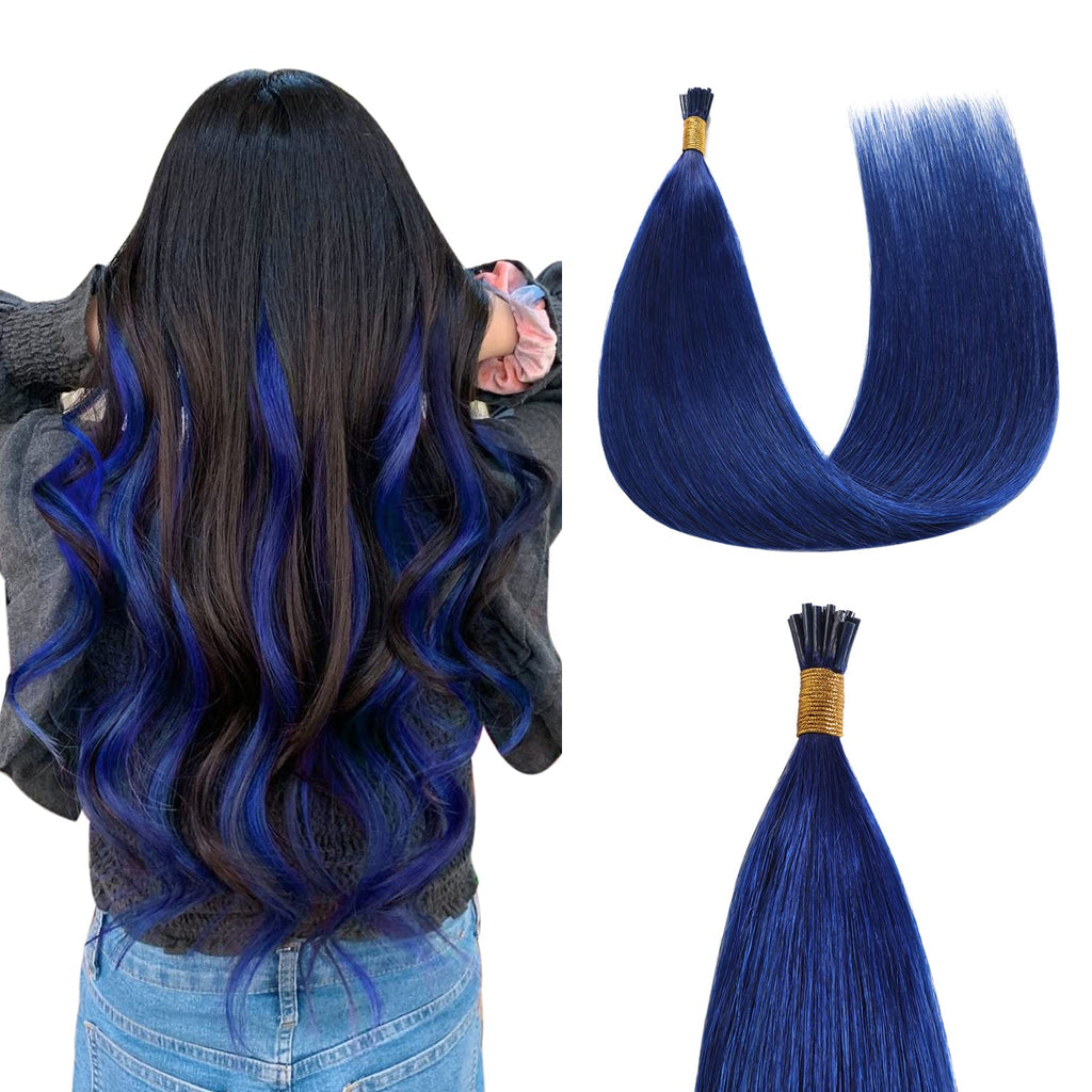 Back View of Model Wearing Blue I Tip Extensions Blended with Black Hair 