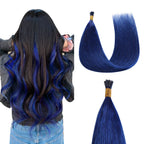 Back View of Model Wearing Blue I Tip Extensions Blended with Black Hair 