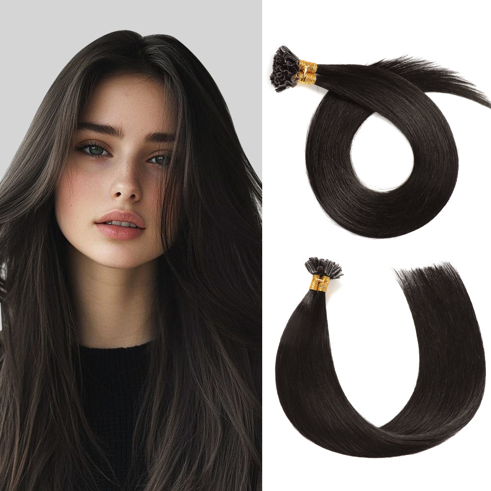 Model Wearing (#1B) Natural Black U Tip Hair Extensions