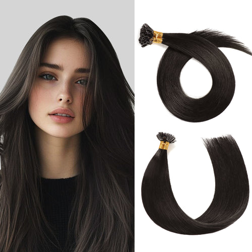 Model Wearing (#1B) Natural Black U Tip Hair Extensions