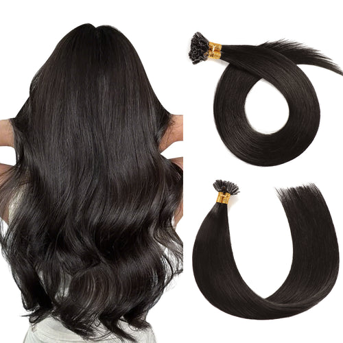 Back View of Model Wearing (#1B) Natural Black U Tip Hair Extensions 