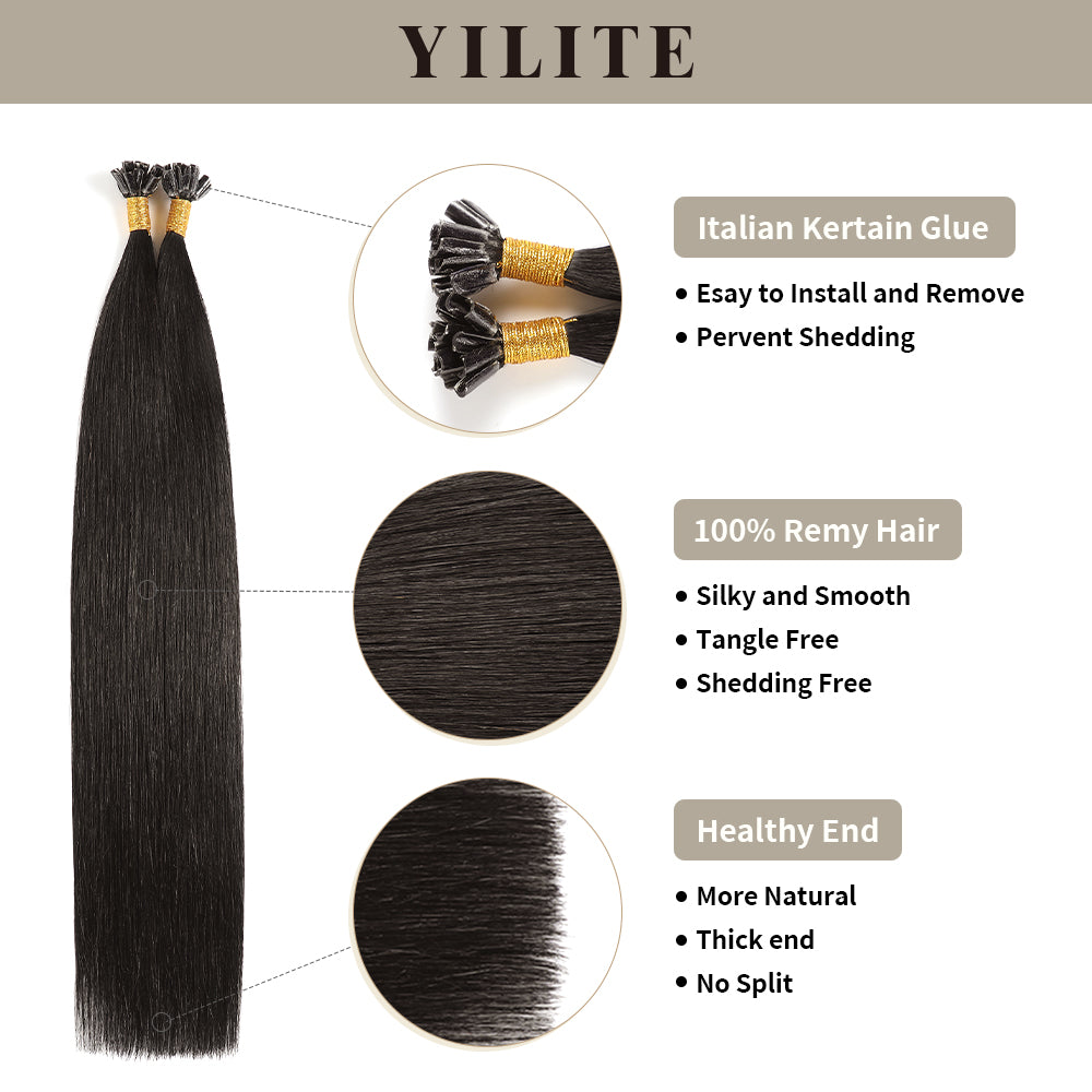 (#1B) Natural Black U Tip Hair Extensions with Italian Keratin Glue, 100% Virgin Hair, Healthy Ends