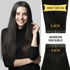 Model Wearing (#1B) Natural Black Narrow Mini Tape In Hair Extensions 