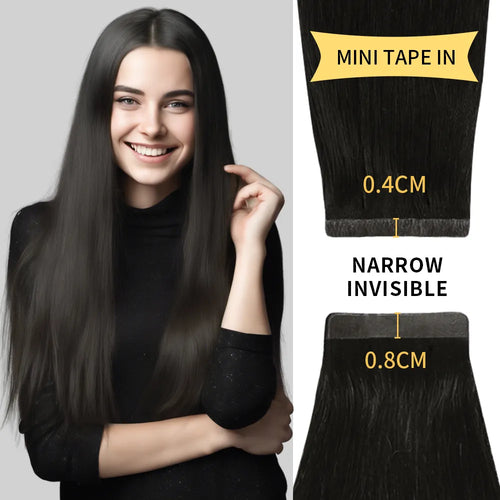 Model Wearing (#1B) Natural Black Narrow Mini Tape In Hair Extensions 