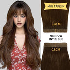 Model Wearing (#4) Chocolate Brown Narrow Mini Tape In Hair Extensions 