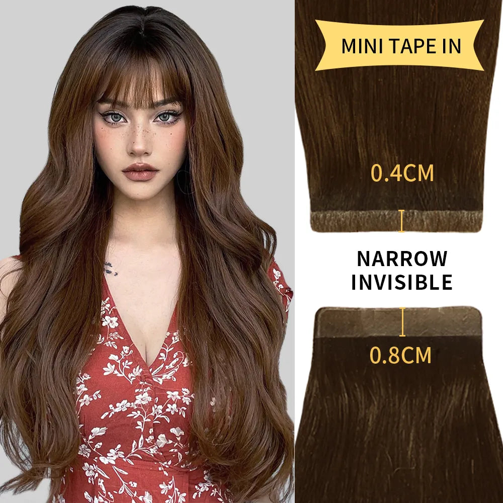 Model Wearing (#4) Chocolate Brown Narrow Mini Tape In Hair Extensions 