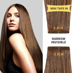 Model Wearing (#6) Chestnut Brown Narrow Mini Tape In Hair Extensions 