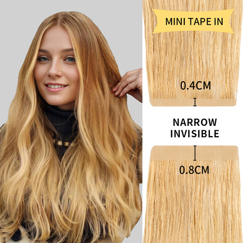 Model Wearing (#27) Strawberry Blonde Narrow Mini Tape In Hair Extensions 