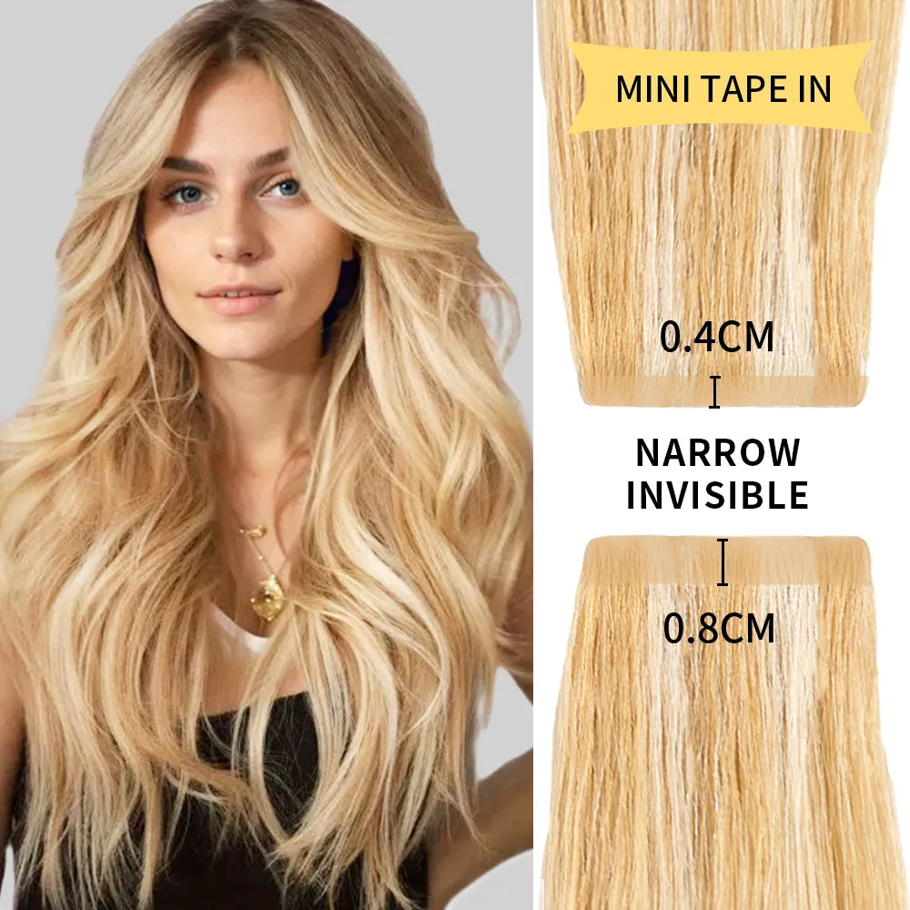 Model Wearing (#P27/613) Strawberry Blonde Bleach Blonde Narrow Mini Tape In Hair Extensions 