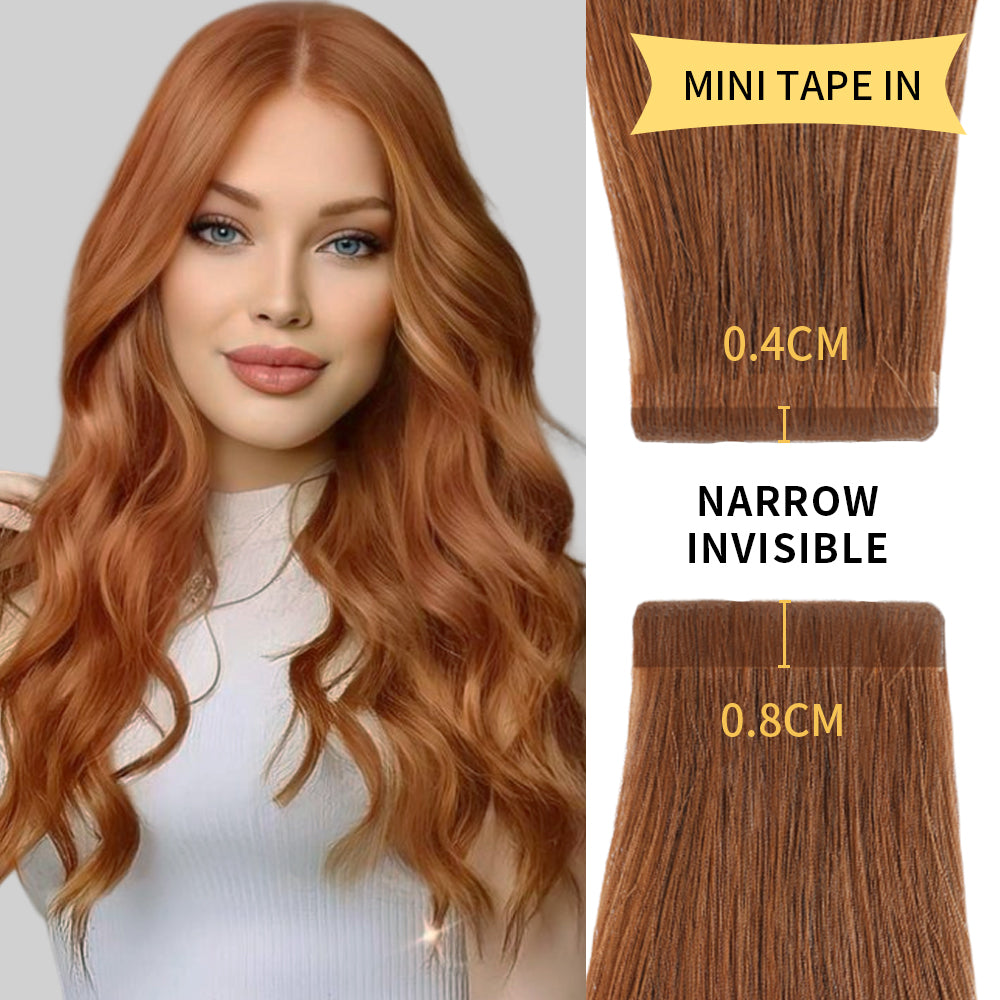 Model Wearing (#33) Dark Auburn Narrow Mini Tape In Hair Extensions 