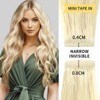 Model Wearing (#60) Platinum Blonde Narrow Mini Tape In Hair Extensions 