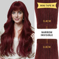 Model Wearing (#99J) Burgundy Narrow Mini Tape In Hair Extensions 
