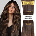 Model Wearing (#P2/6/T2) Darkest Brown Balayage Narrow Mini Tape In Hair Extensions 
