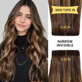Model Wearing (#P4/27/T4) Chocolate Brown to Caramel Blonde Narrow Mini Tape In Hair Extensions 