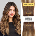 Model Wearing (#P6/613/T4) Brown to Blonde Balayage Narrow Mini Tape In Hair Extensions 