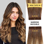 Model Wearing (#P6/613/T4) Brown to Blonde Balayage Narrow Mini Tape In Hair Extensions 