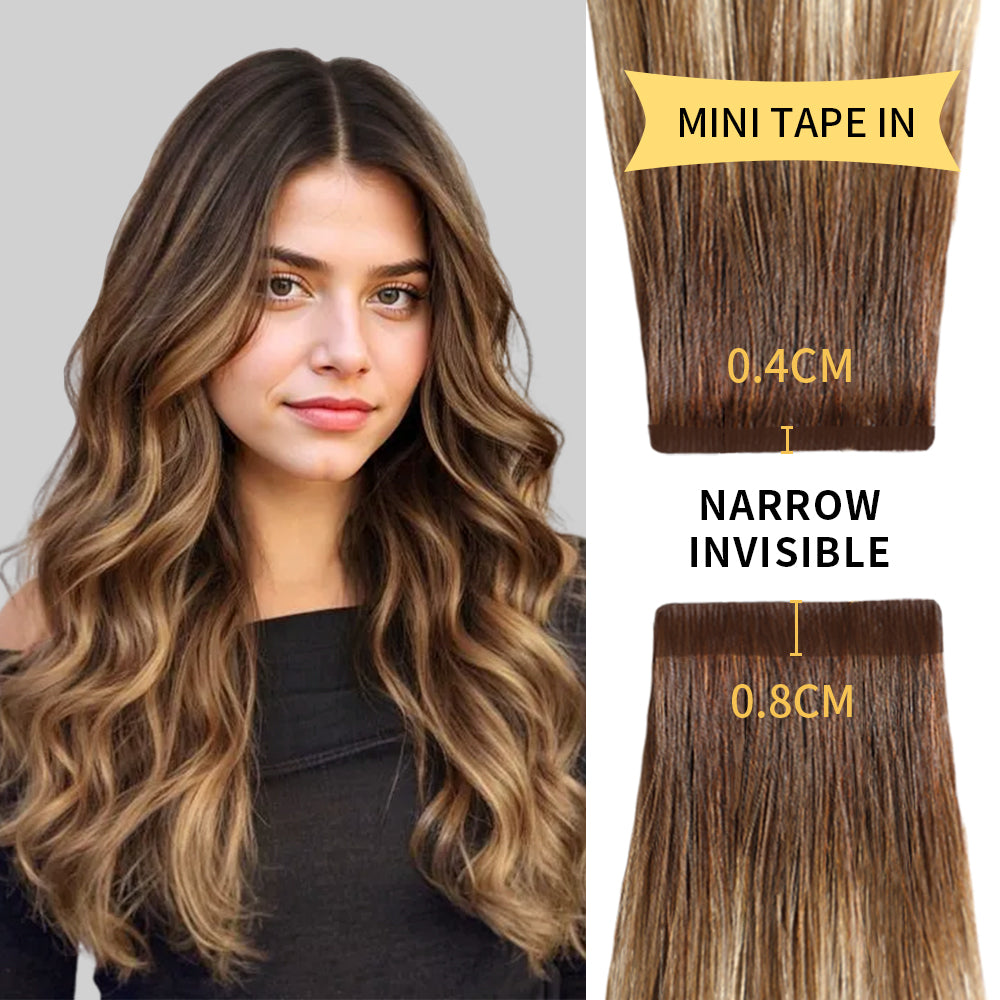 Model Wearing (#P6/613/T4) Brown to Blonde Balayage Narrow Mini Tape In Hair Extensions 