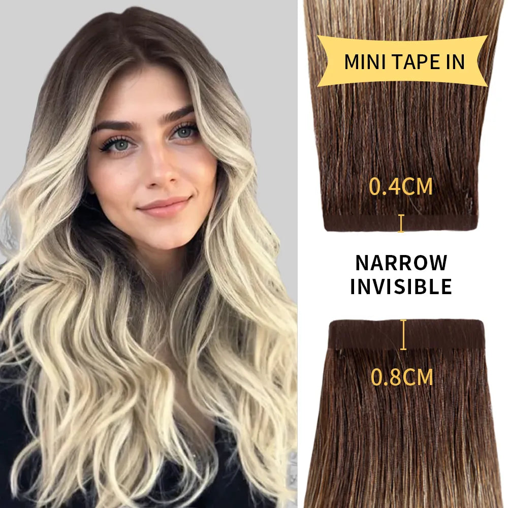 Model Wearing (#T2/60) Darkest Brown to Platinum Blonde Narrow Mini Tape In Hair Extensions 