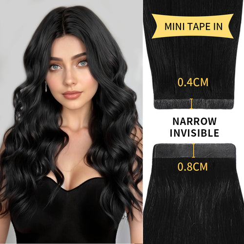 Model Wearing (#1) Jet Black Narrow Mini Tape In Hair Extensions 