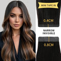 Model Wearing (#P1B/6/T1B) Natural Black Balayage Narrow Mini Tape In Hair Extensions 