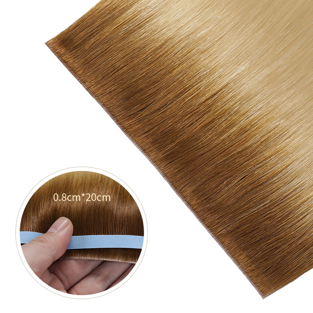 Close-up of (#T8/60) Light Brown to Platinum Blonde Tape Weft Hair Extensions