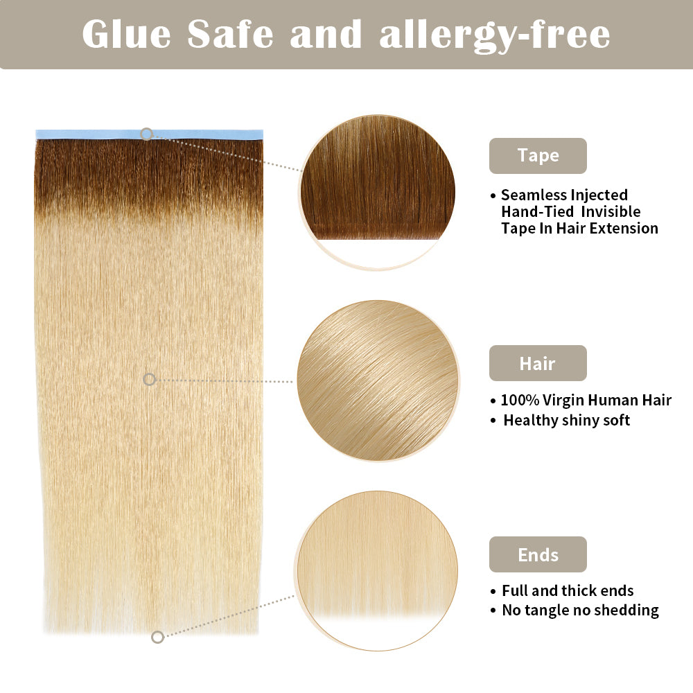 Details of (#T8/60) Tape Weft Hair Extensions: Seamless Tape, Virgin Hair, Thick Ends