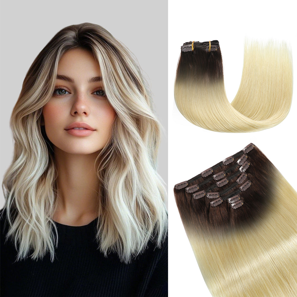 Model Wearing (#T2/60) Darkest Brown to Platinum Blonde Classic Clip Ins