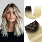 Model Wearing (#T2/60) Darkest Brown to Platinum Blonde Classic Clip Ins